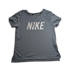 Nike Dri Fit Shirt Women Small Gray Short Sleeve Mesh Back Grey Athletic Swoosh